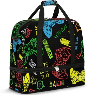 Gym Bag for Men Women, Video Game Carry on Travel Duffel Bag with Trolley Sleeve, Waterproof Weekender Overnight Bags with Shoes and Wet Clothes Compartment for Sleepover Workout Sports