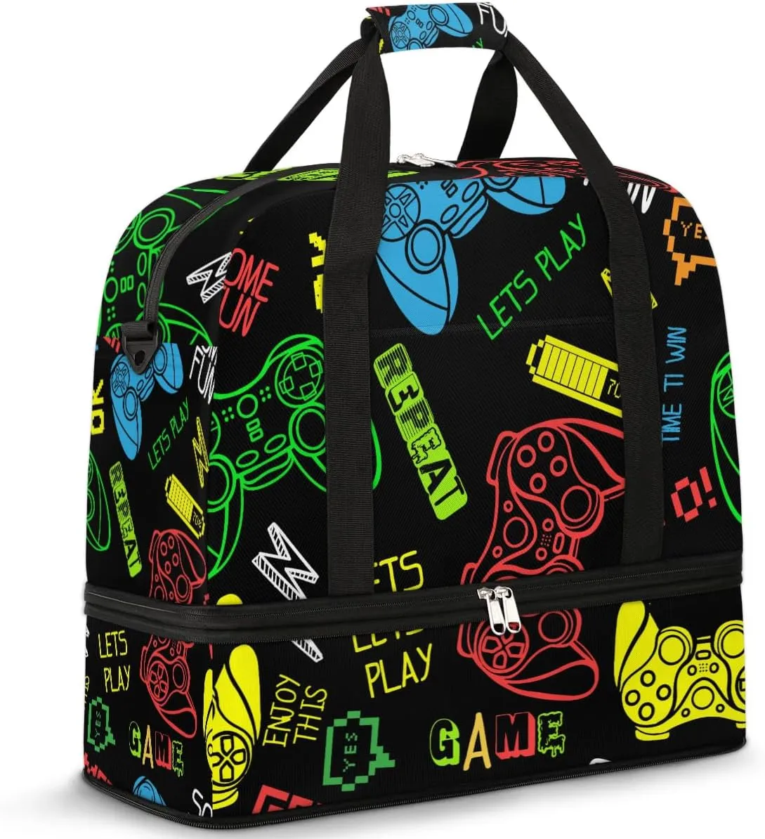 Gym Bag for Men Women, Video Game Carry on Travel Duffel Bag with Trolley Sleeve, Waterproof Weekender Overnight Bags with Shoes and Wet Clothes Compartment for Sleepover Workout Sports