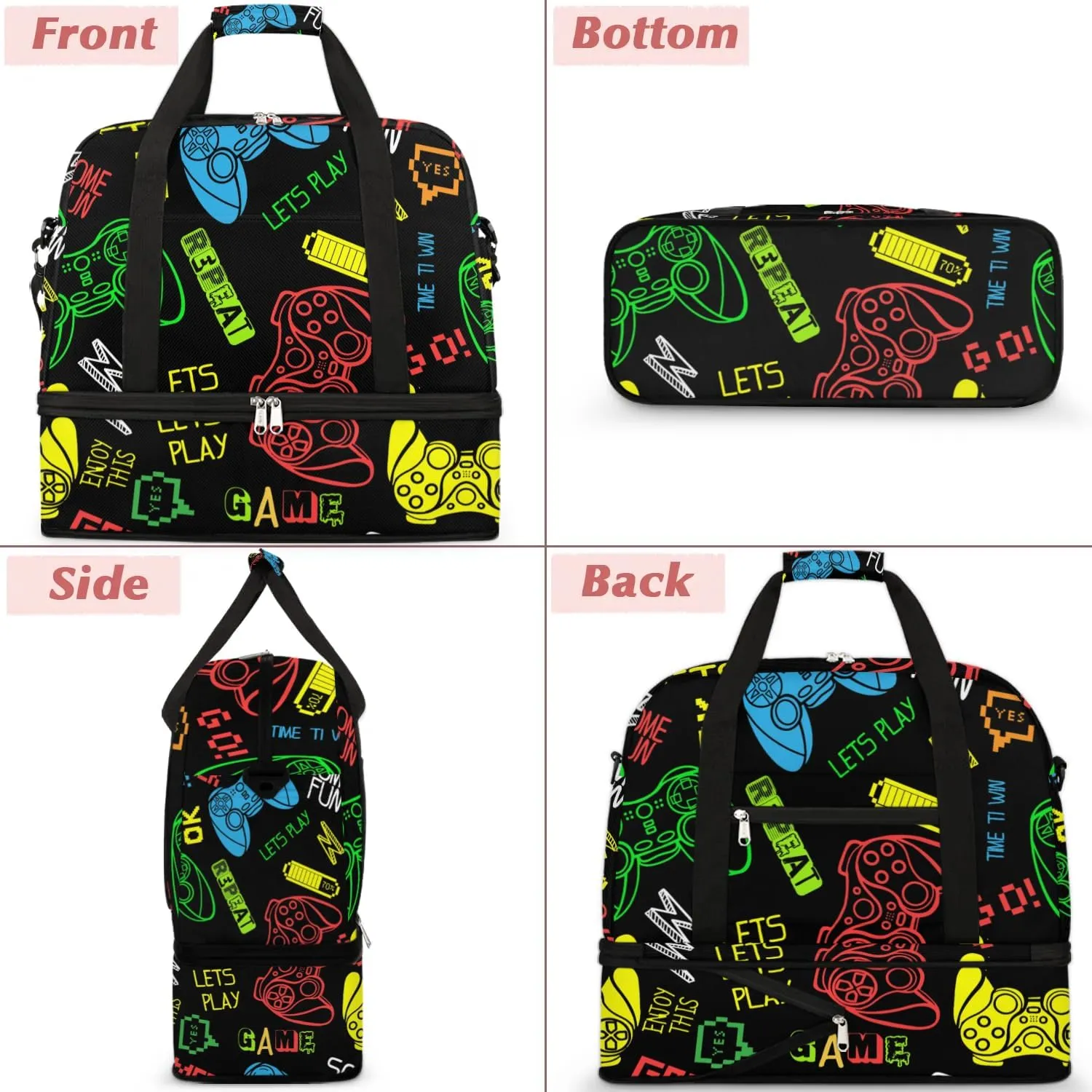Gym Bag for Men Women, Video Game Carry on Travel Duffel Bag with Trolley Sleeve, Waterproof Weekender Overnight Bags with Shoes and Wet Clothes Compartment for Sleepover Workout Sports