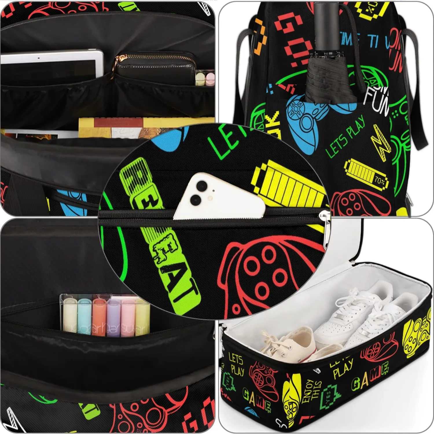 Gym Bag for Men Women, Video Game Carry on Travel Duffel Bag with Trolley Sleeve, Waterproof Weekender Overnight Bags with Shoes and Wet Clothes Compartment for Sleepover Workout Sports