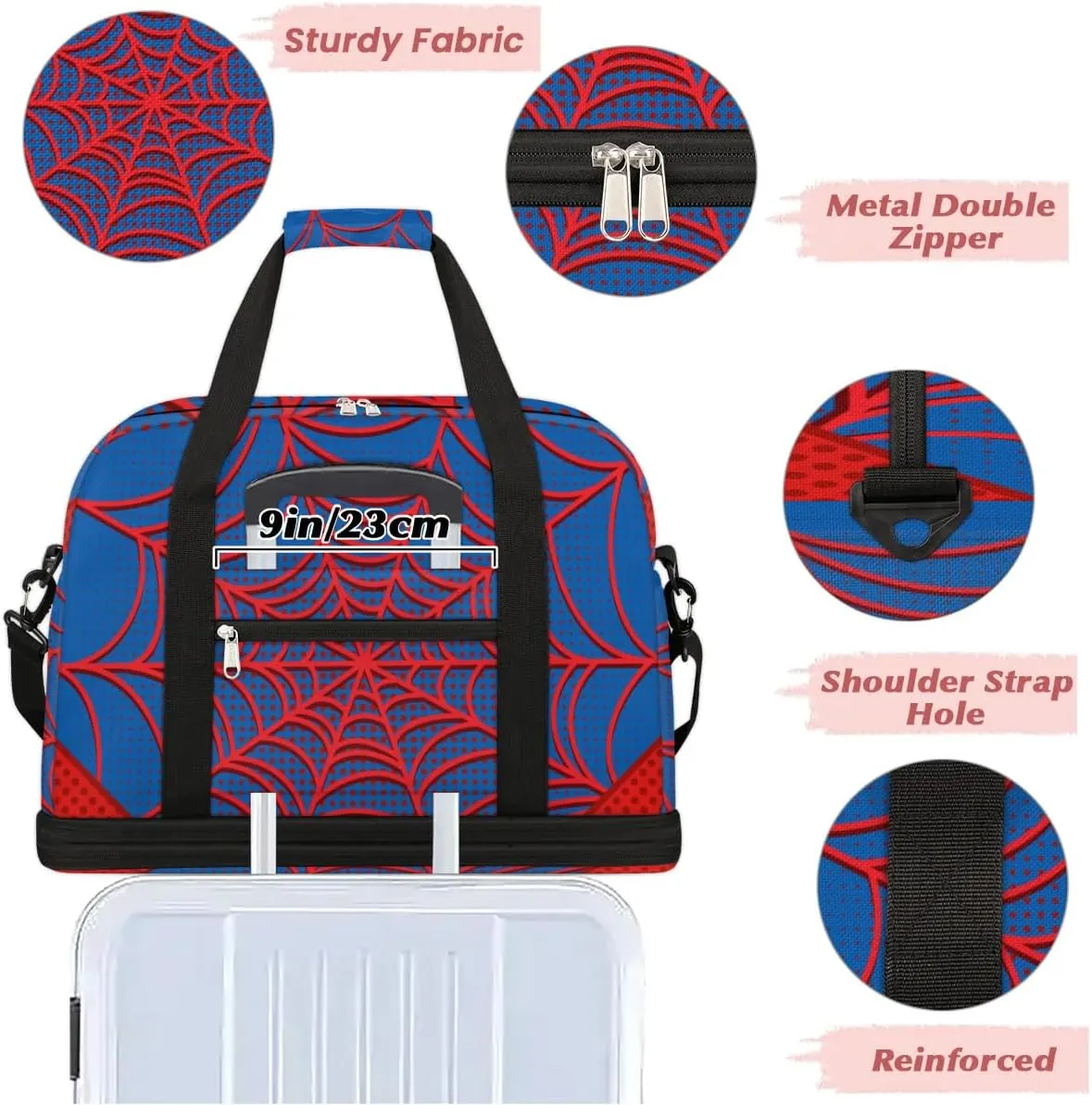 Gym Bag for Men Women, White Spider Carry on Travel Duffel Bag with Trolley Sleeve, Waterproof Weekender Overnight Bags with Shoes and Wet Clothes Compartment for Sleepover Workout Sports