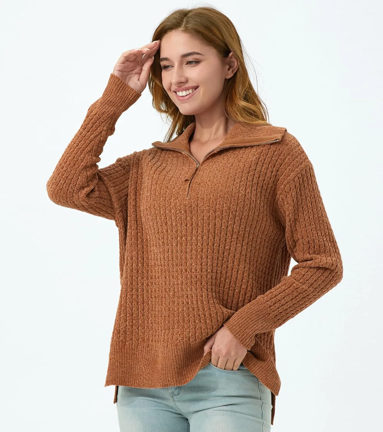 Half Zip Sweater for Women Spring Casual V Neck Long Sleeve Chenille Pullover Cable Car Quarter Zip Sweater Knit Tops