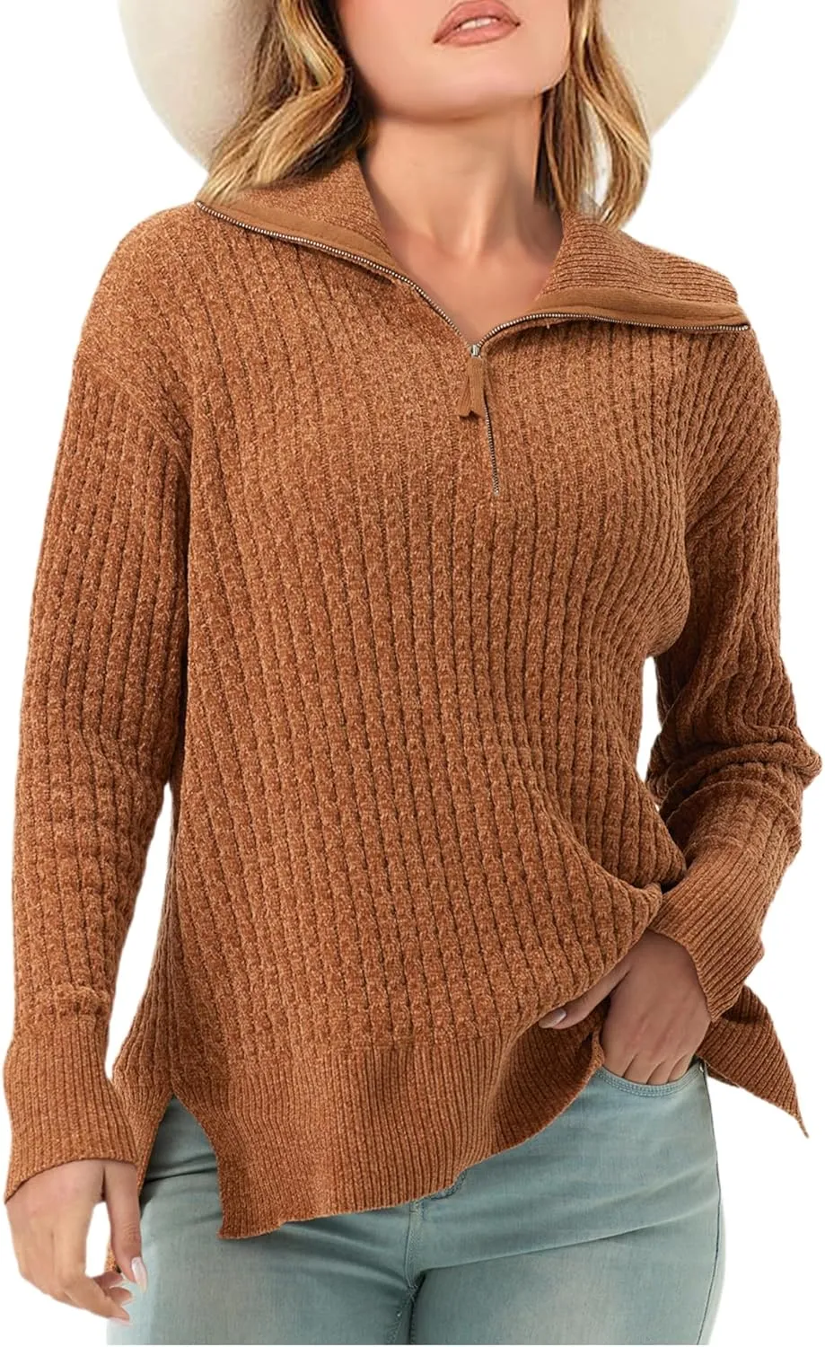 Half Zip Sweater for Women Spring Casual V Neck Long Sleeve Chenille Pullover Cable Car Quarter Zip Sweater Knit Tops