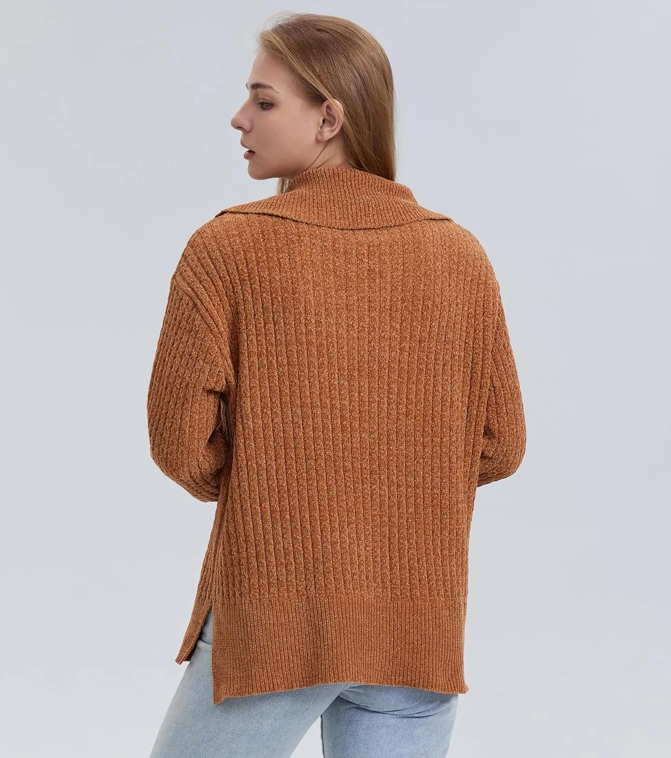 Half Zip Sweater for Women Spring Casual V Neck Long Sleeve Chenille Pullover Cable Car Quarter Zip Sweater Knit Tops