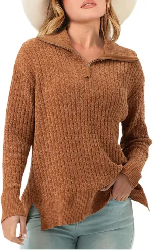 Half Zip Sweater for Women Spring Casual V Neck Long Sleeve Chenille Pullover Cable Car Quarter Zip Sweater Knit Tops