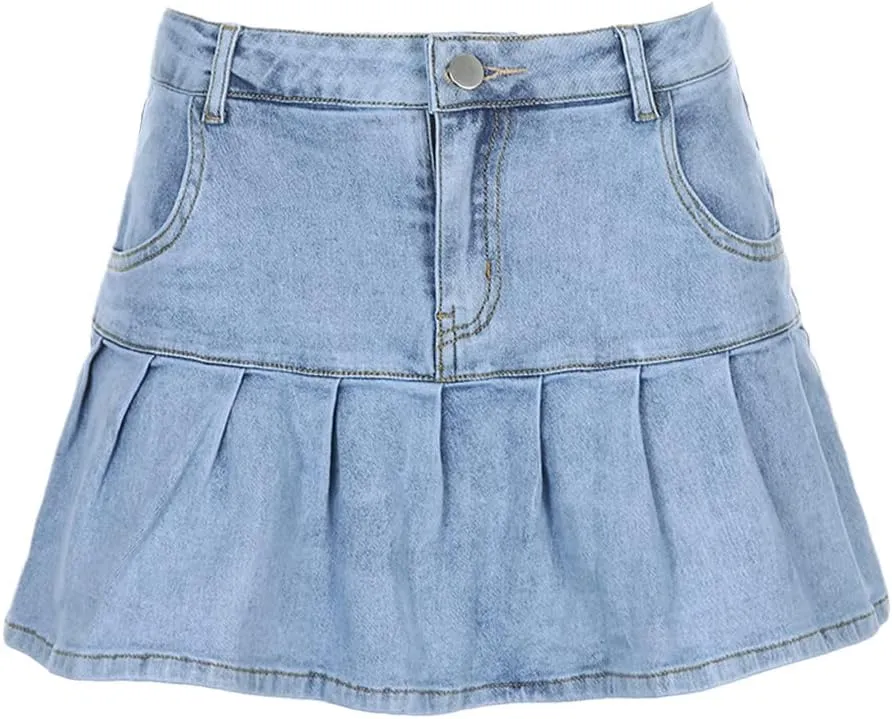 Harajuku Mini Pleated Denim Skirt Women Summer Fashion Ruffle High Waist Denim Shorts Skirt