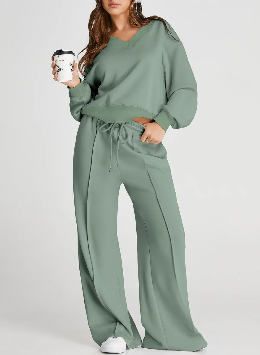 Herseas Women 2 Piece Outfits Sweatsuit 2024 Fall Casual V Neck Sweatshirt with Wide Leg Sweatpants Tracksuit Lounge Set