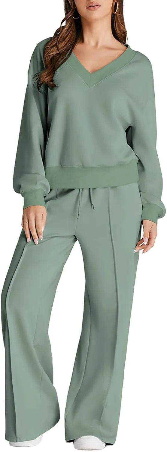 Herseas Women 2 Piece Outfits Sweatsuit 2024 Fall Casual V Neck Sweatshirt with Wide Leg Sweatpants Tracksuit Lounge Set