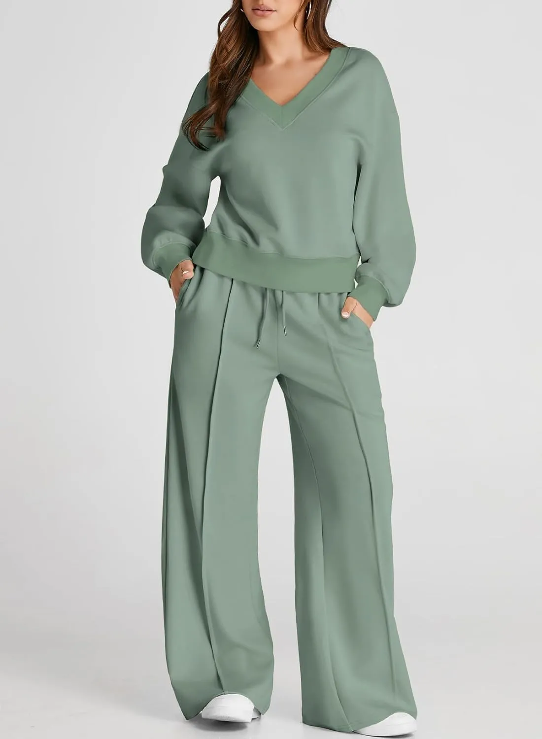 Herseas Women 2 Piece Outfits Sweatsuit 2024 Fall Casual V Neck Sweatshirt with Wide Leg Sweatpants Tracksuit Lounge Set