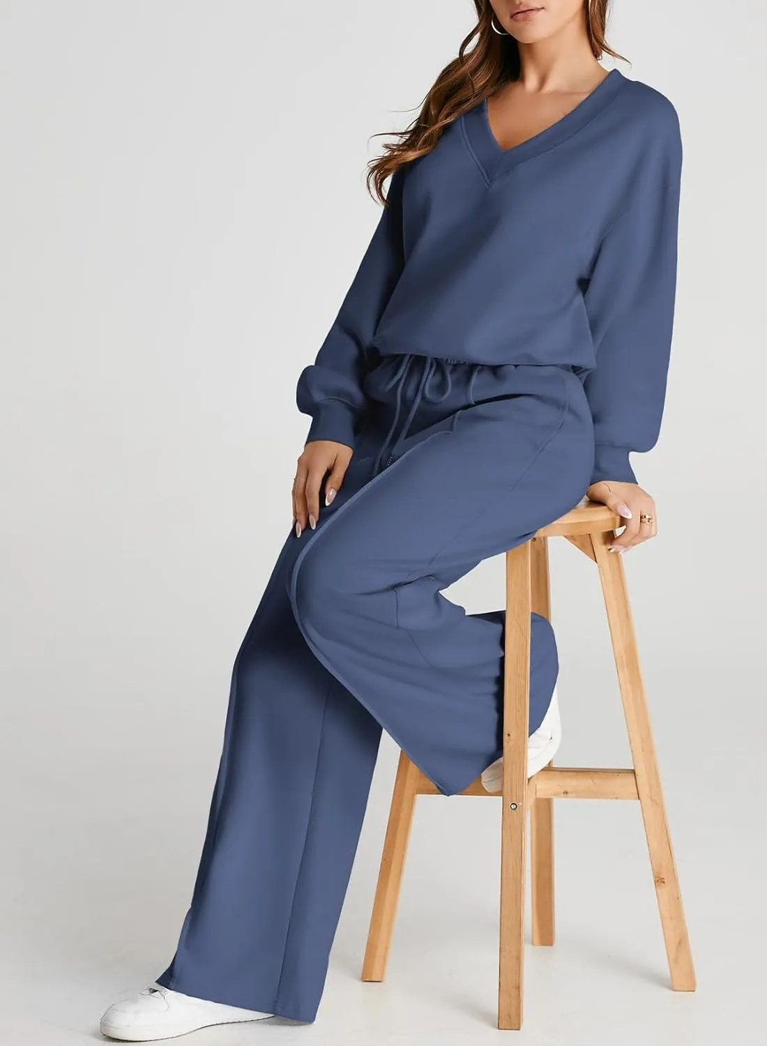 Herseas Women 2 Piece Outfits Sweatsuit 2024 Fall Casual V Neck Sweatshirt with Wide Leg Sweatpants Tracksuit Lounge Set