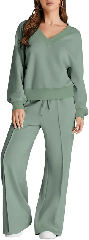 Herseas Women 2 Piece Outfits Sweatsuit 2024 Fall Casual V Neck Sweatshirt with Wide Leg Sweatpants Tracksuit Lounge Set