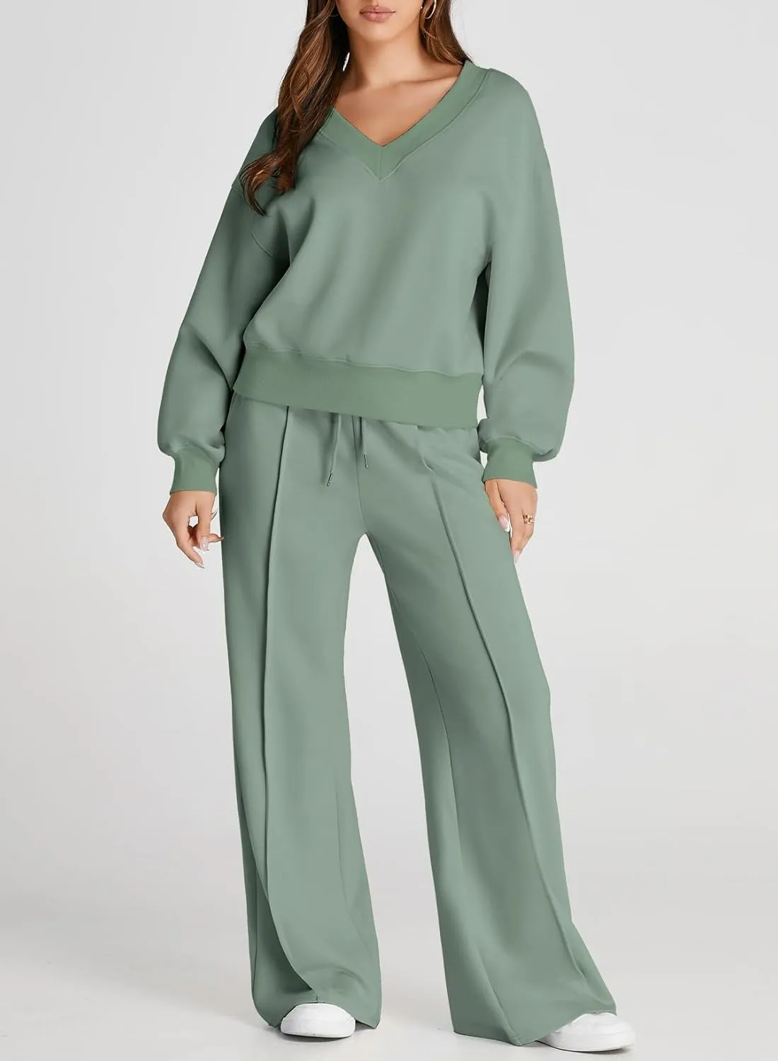 Herseas Women 2 Piece Outfits Sweatsuit 2024 Fall Casual V Neck Sweatshirt with Wide Leg Sweatpants Tracksuit Lounge Set