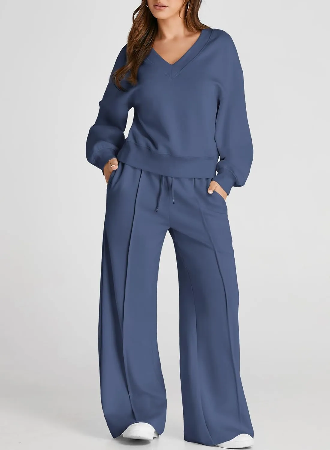 Herseas Women 2 Piece Outfits Sweatsuit 2024 Fall Casual V Neck Sweatshirt with Wide Leg Sweatpants Tracksuit Lounge Set