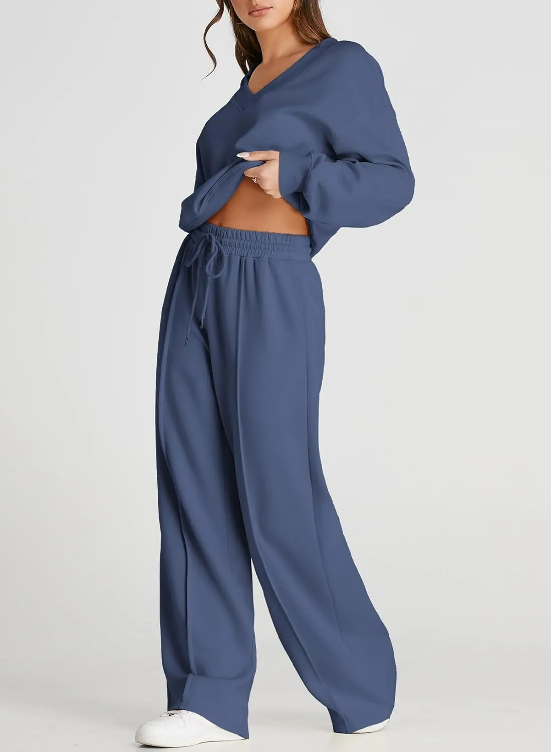 Herseas Women 2 Piece Outfits Sweatsuit 2024 Fall Casual V Neck Sweatshirt with Wide Leg Sweatpants Tracksuit Lounge Set