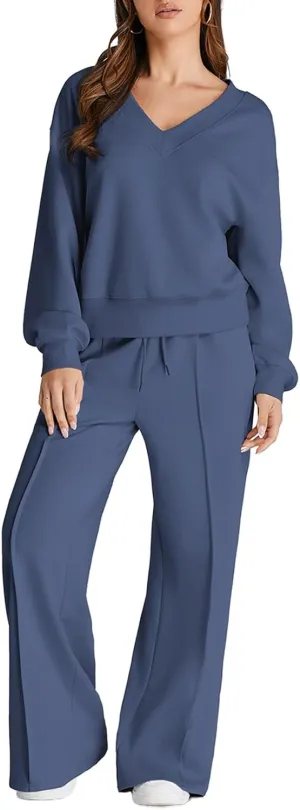 Herseas Women 2 Piece Outfits Sweatsuit 2024 Fall Casual V Neck Sweatshirt with Wide Leg Sweatpants Tracksuit Lounge Set