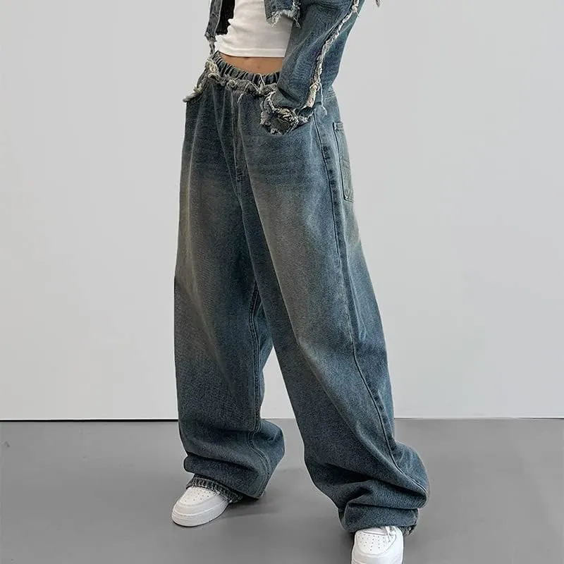 High Waisted Grunge Jeans for Women Alternative Vintage Woollen Trousers Y2K Straight Leg Pants Aesthetic Streetwear