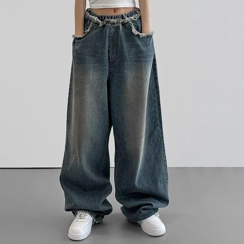 High Waisted Grunge Jeans for Women Alternative Vintage Woollen Trousers Y2K Straight Leg Pants Aesthetic Streetwear