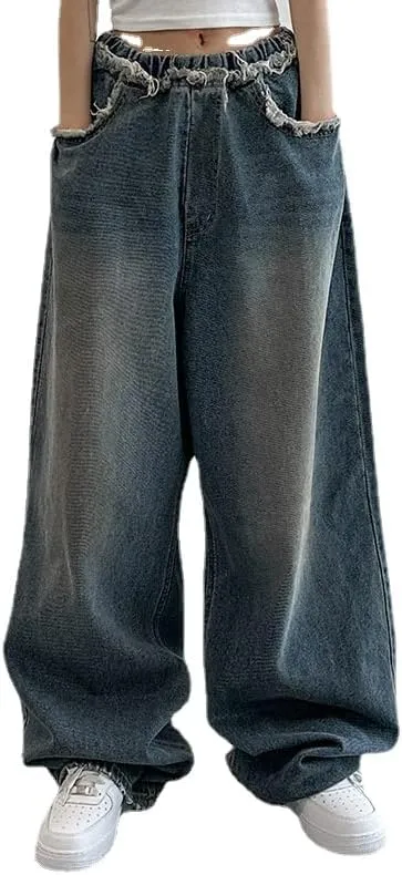 High Waisted Grunge Jeans for Women Alternative Vintage Woollen Trousers Y2K Straight Leg Pants Aesthetic Streetwear