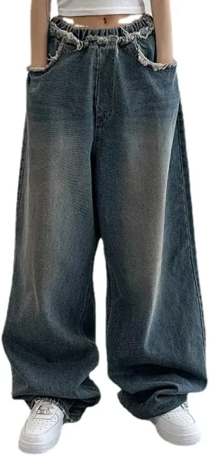 High Waisted Grunge Jeans for Women Alternative Vintage Woollen Trousers Y2K Straight Leg Pants Aesthetic Streetwear