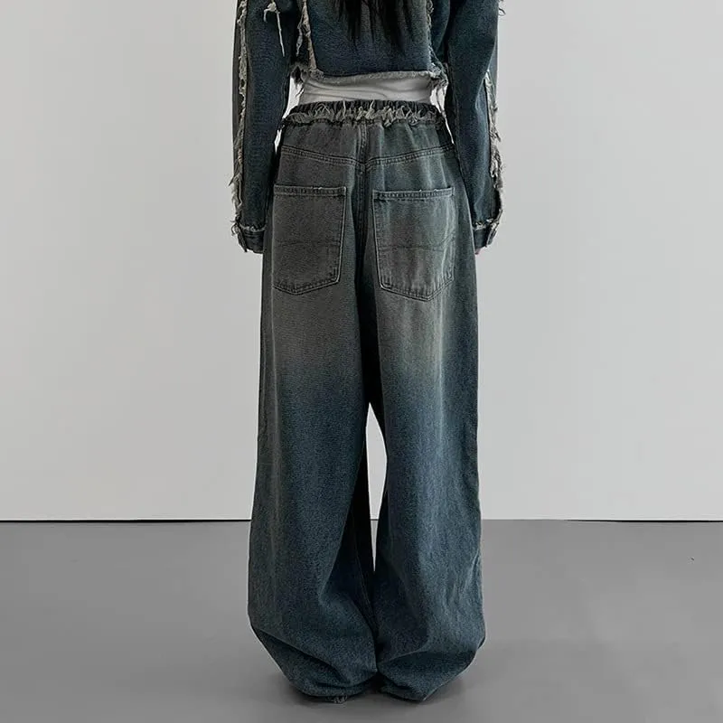 High Waisted Grunge Jeans for Women Alternative Vintage Woollen Trousers Y2K Straight Leg Pants Aesthetic Streetwear