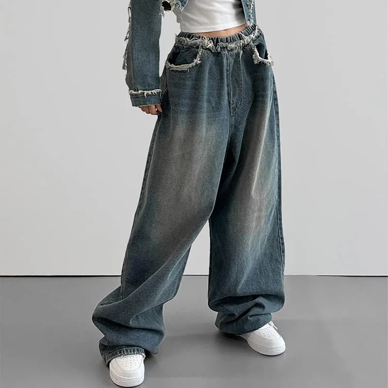 High Waisted Grunge Jeans for Women Alternative Vintage Woollen Trousers Y2K Straight Leg Pants Aesthetic Streetwear