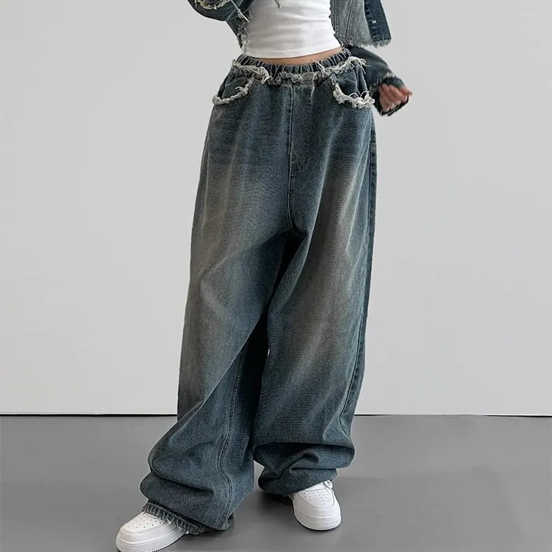 High Waisted Grunge Jeans for Women Alternative Vintage Woollen Trousers Y2K Straight Leg Pants Aesthetic Streetwear