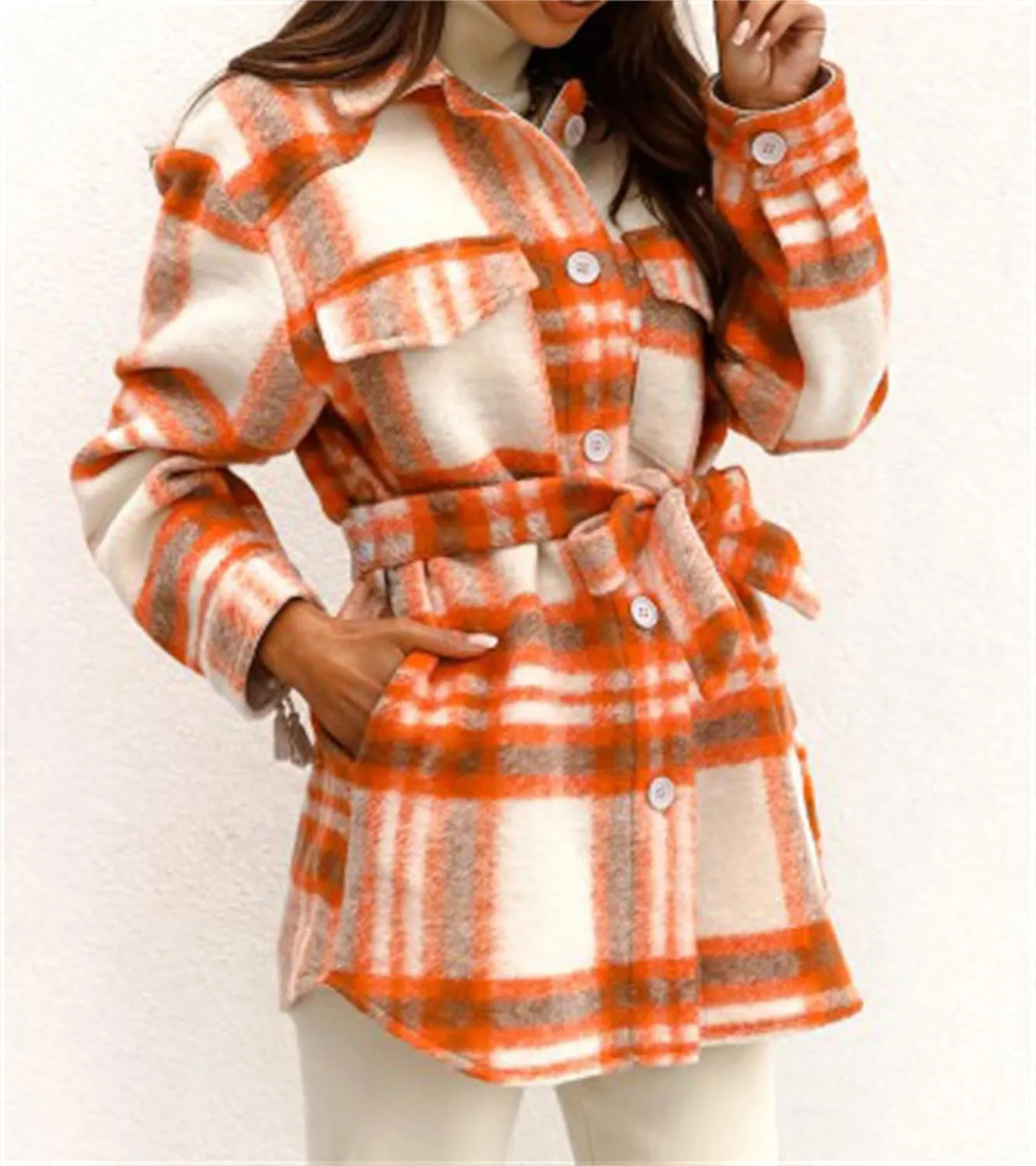 Joe Wenko Womens Fashion Plaid Shacket Jacket Button Down Wool Blend Tartan Coat with Belt