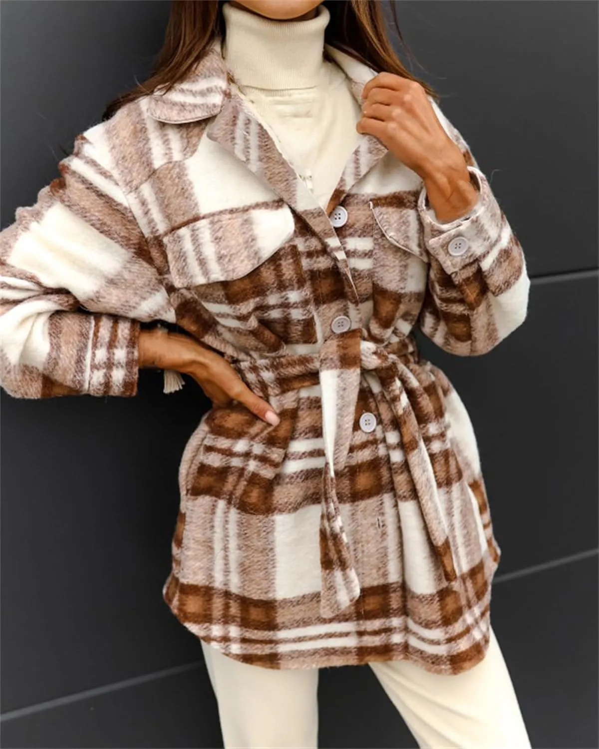 Joe Wenko Womens Fashion Plaid Shacket Jacket Button Down Wool Blend Tartan Coat with Belt