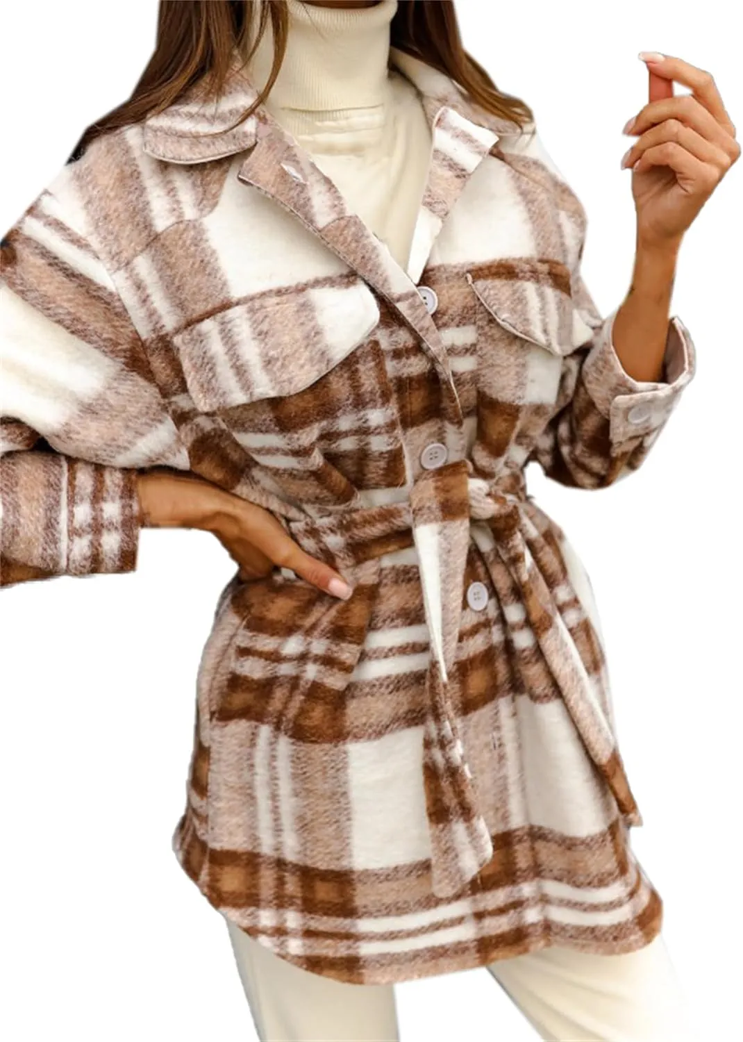 Joe Wenko Womens Fashion Plaid Shacket Jacket Button Down Wool Blend Tartan Coat with Belt