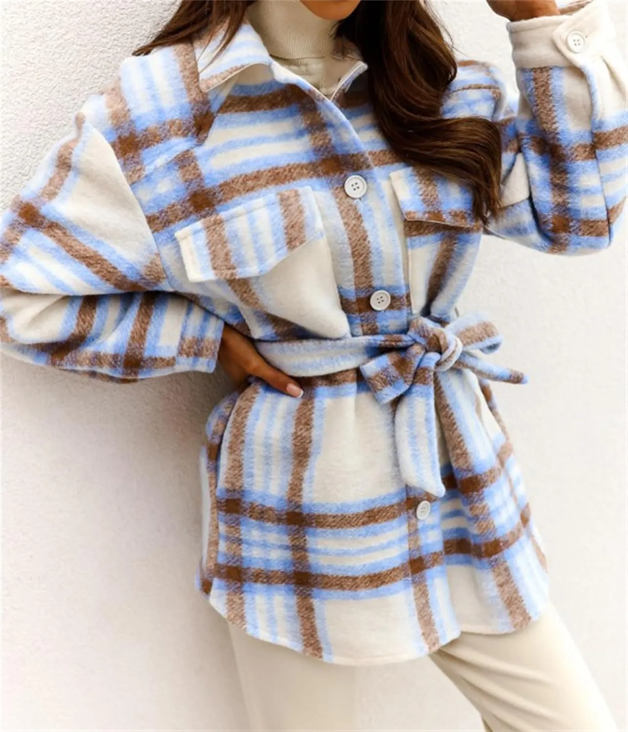 Joe Wenko Womens Fashion Plaid Shacket Jacket Button Down Wool Blend Tartan Coat with Belt