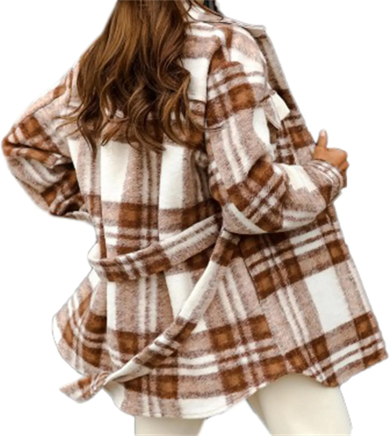 Joe Wenko Womens Fashion Plaid Shacket Jacket Button Down Wool Blend Tartan Coat with Belt