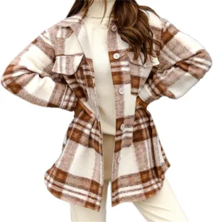 Joe Wenko Womens Fashion Plaid Shacket Jacket Button Down Wool Blend Tartan Coat with Belt
