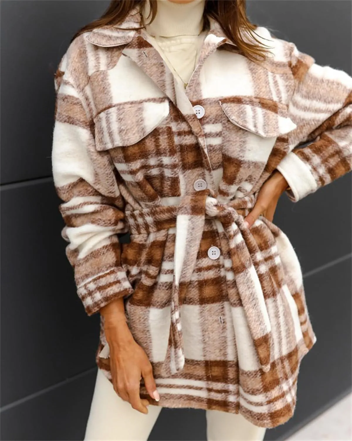 Joe Wenko Womens Fashion Plaid Shacket Jacket Button Down Wool Blend Tartan Coat with Belt
