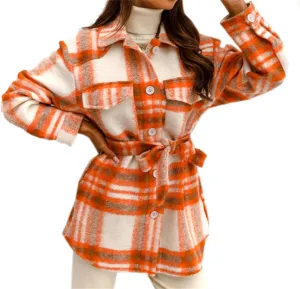 Joe Wenko Womens Fashion Plaid Shacket Jacket Button Down Wool Blend Tartan Coat with Belt