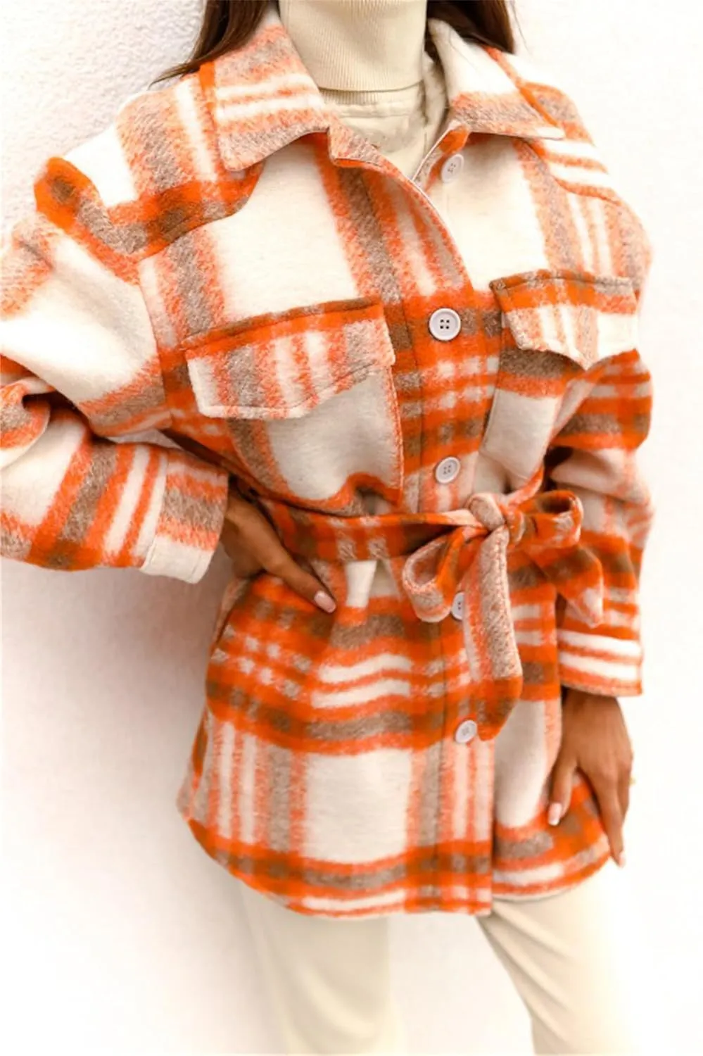 Joe Wenko Womens Fashion Plaid Shacket Jacket Button Down Wool Blend Tartan Coat with Belt