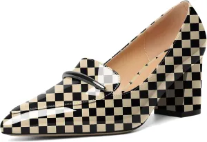 Joseywade Women's Block Heel Loafer Pumps with Trim Solid Patent Dress Shoes for Wedding Party Casual