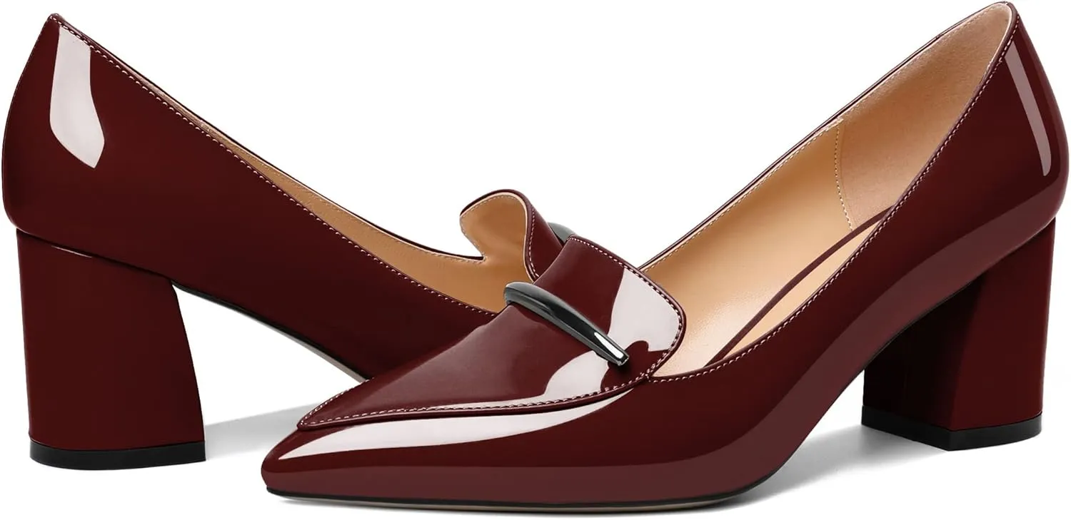 Joseywade Women's Block Heel Loafer Pumps with Trim Solid Patent Dress Shoes for Wedding Party Casual