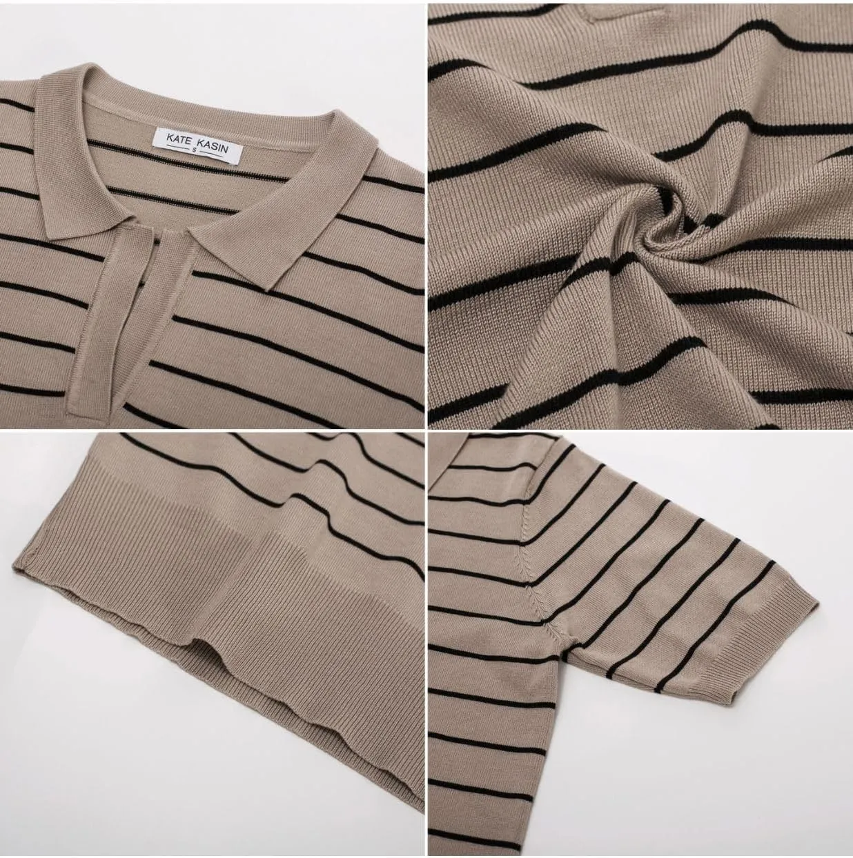 Kate Kasin Women Short Sleeve Polo Sweater V Neck Knitted Tops Casual Ribbed Shirt Loose Pullover Sweater