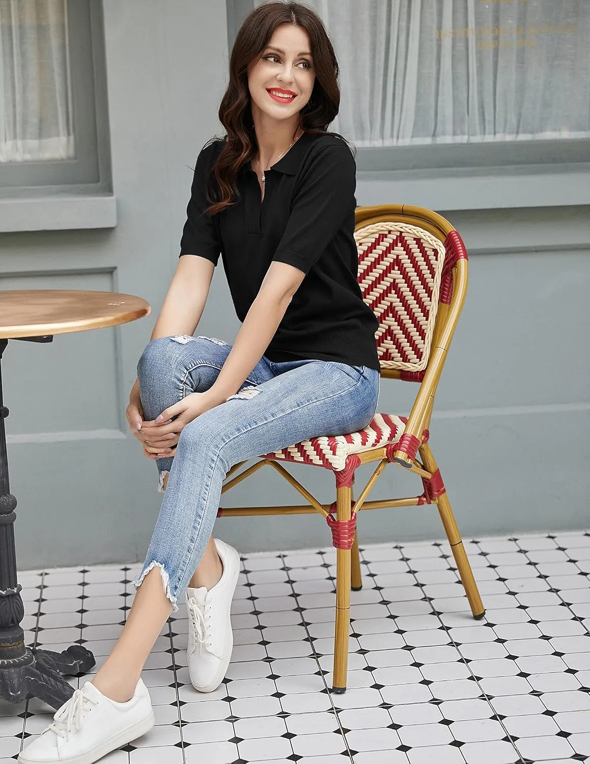 Kate Kasin Women Short Sleeve Polo Sweater V Neck Knitted Tops Casual Ribbed Shirt Loose Pullover Sweater
