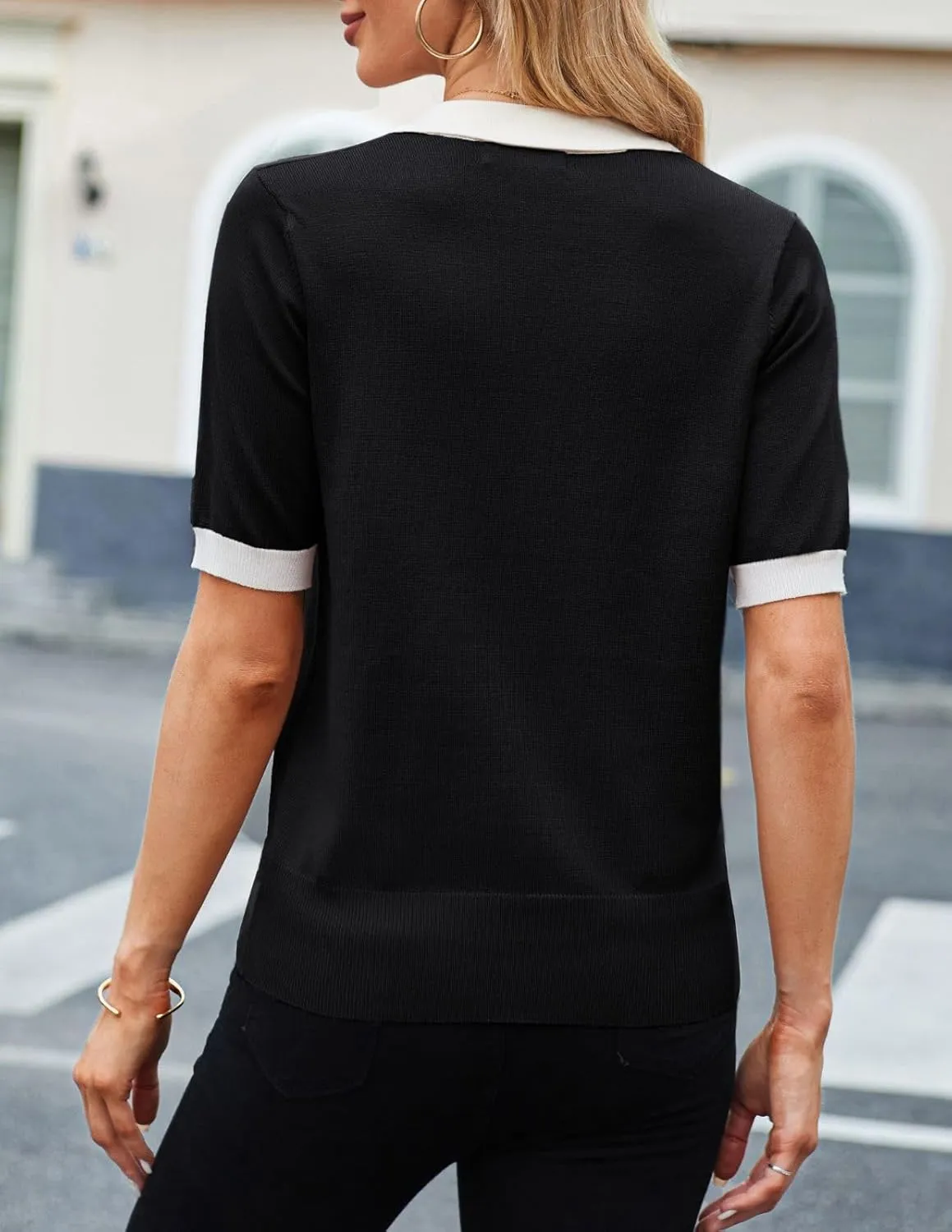 Kate Kasin Women Short Sleeve Polo Sweater V Neck Knitted Tops Casual Ribbed Shirt Loose Pullover Sweater