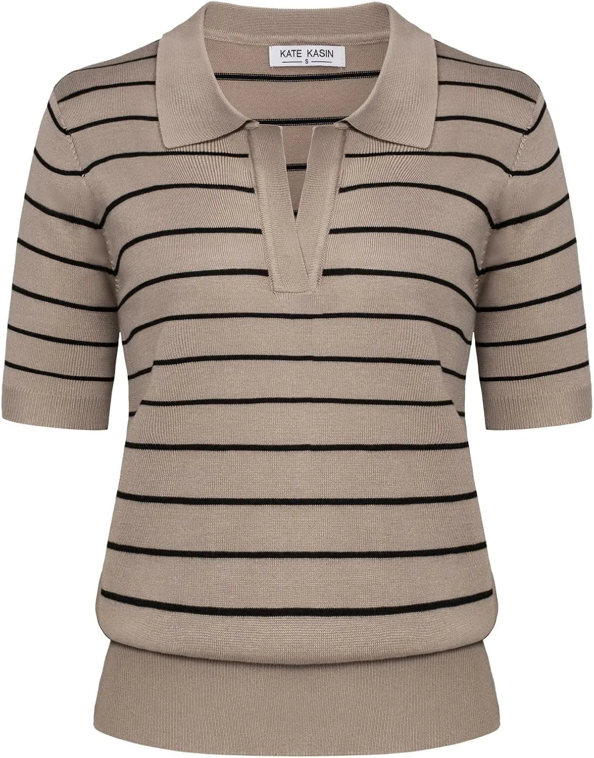 Kate Kasin Women Short Sleeve Polo Sweater V Neck Knitted Tops Casual Ribbed Shirt Loose Pullover Sweater