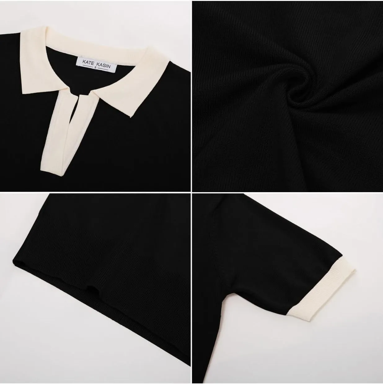 Kate Kasin Women Short Sleeve Polo Sweater V Neck Knitted Tops Casual Ribbed Shirt Loose Pullover Sweater