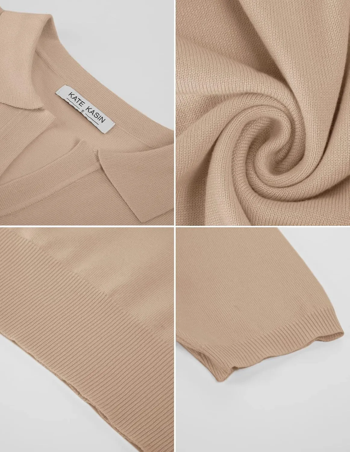 Kate Kasin Women Short Sleeve Polo Sweater V Neck Knitted Tops Casual Ribbed Shirt Loose Pullover Sweater