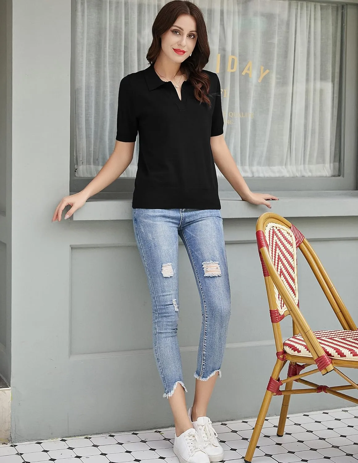 Kate Kasin Women Short Sleeve Polo Sweater V Neck Knitted Tops Casual Ribbed Shirt Loose Pullover Sweater