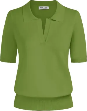 Kate Kasin Women Short Sleeve Polo Sweater V Neck Knitted Tops Casual Ribbed Shirt Loose Pullover Sweater