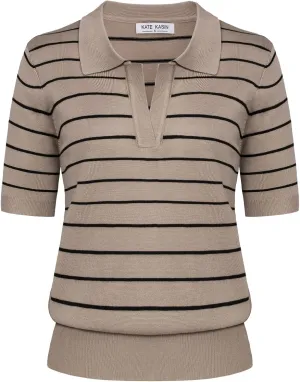Kate Kasin Women Short Sleeve Polo Sweater V Neck Knitted Tops Casual Ribbed Shirt Loose Pullover Sweater