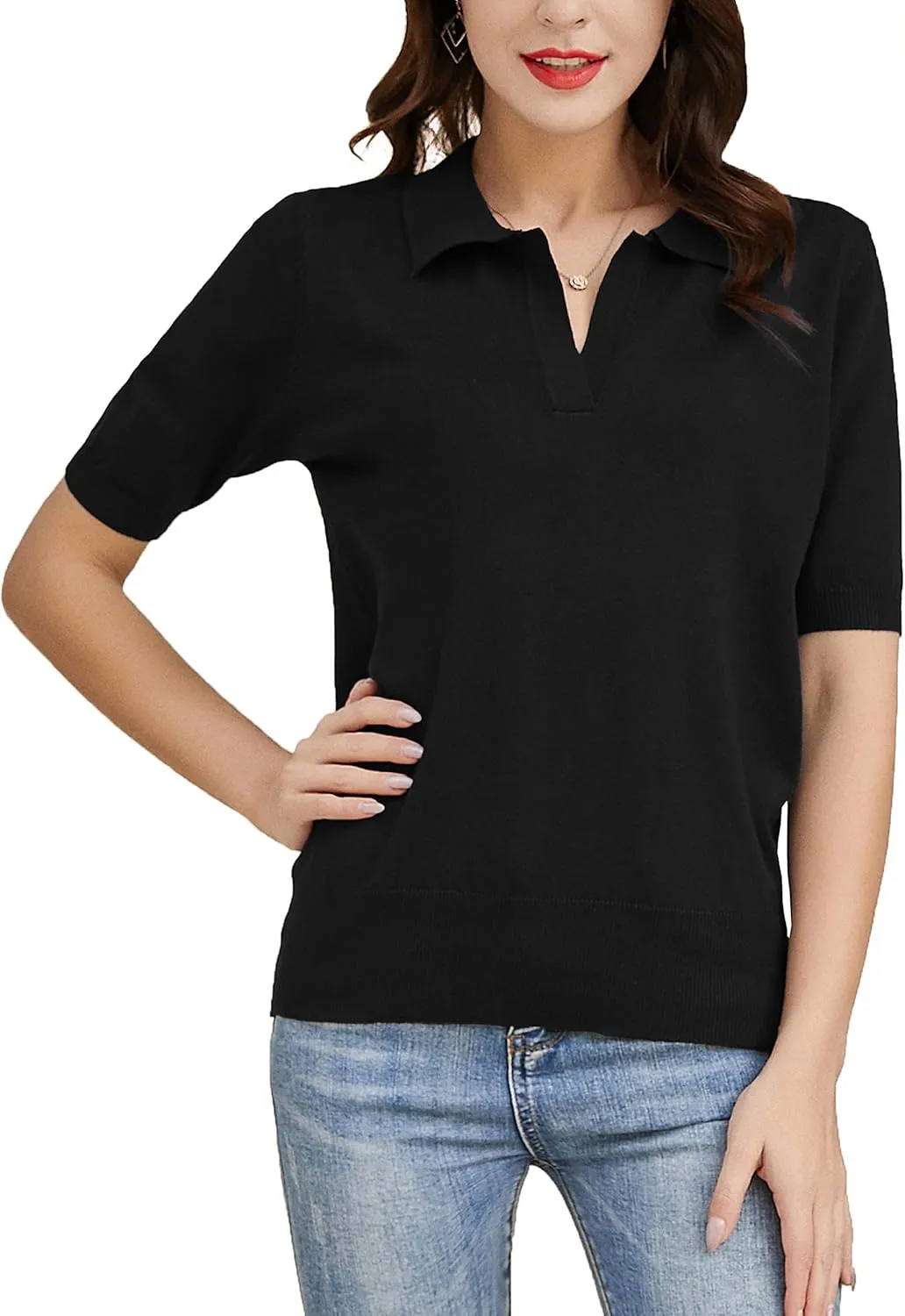 Kate Kasin Women Short Sleeve Polo Sweater V Neck Knitted Tops Casual Ribbed Shirt Loose Pullover Sweater