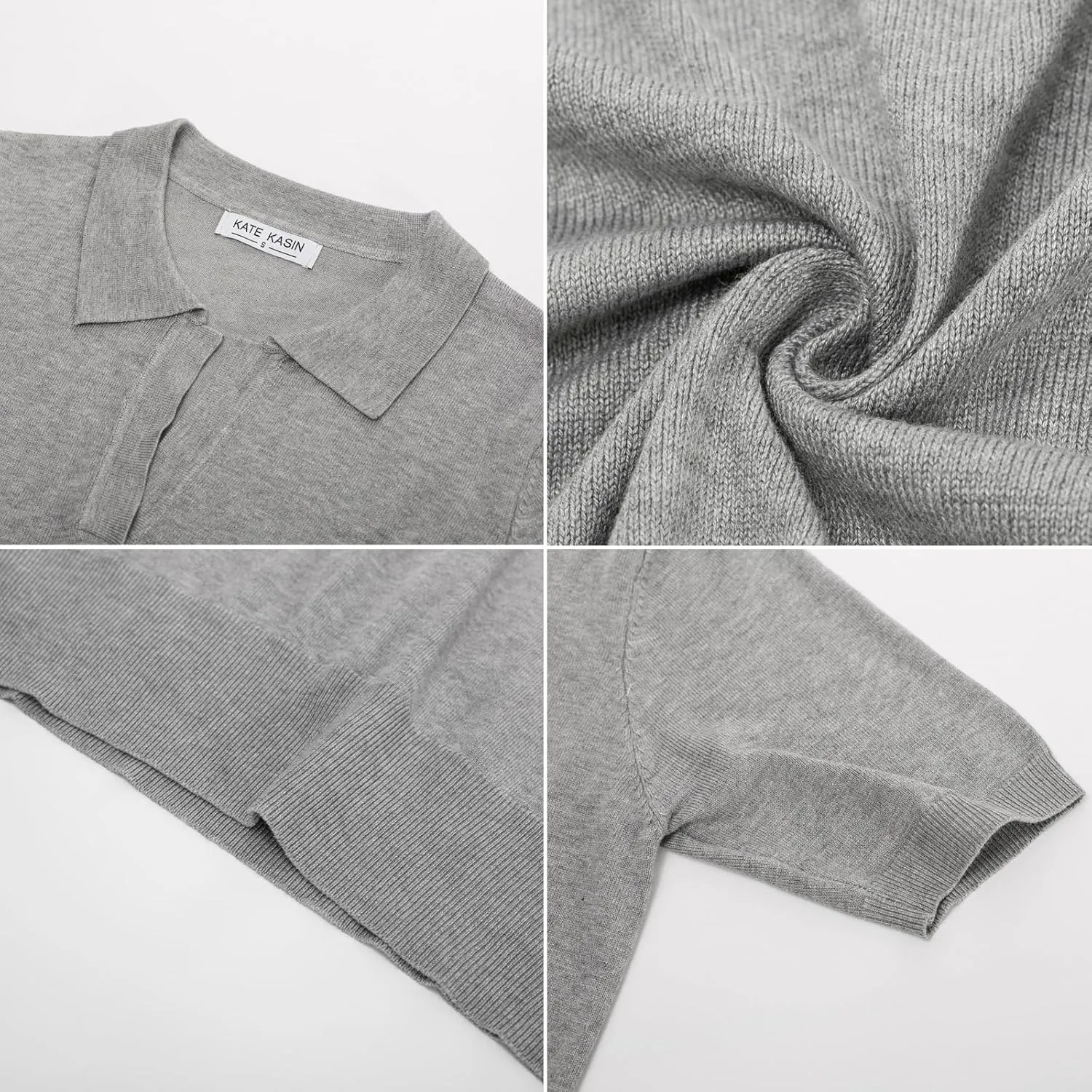 Kate Kasin Women Short Sleeve Polo Sweater V Neck Knitted Tops Casual Ribbed Shirt Loose Pullover Sweater