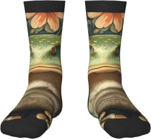 Kids Casual Novelty Crew Socks Boys Girls Crazy Socks Fun Gift for 6-10 Years Old - Green Frog Patterns Vintage Art