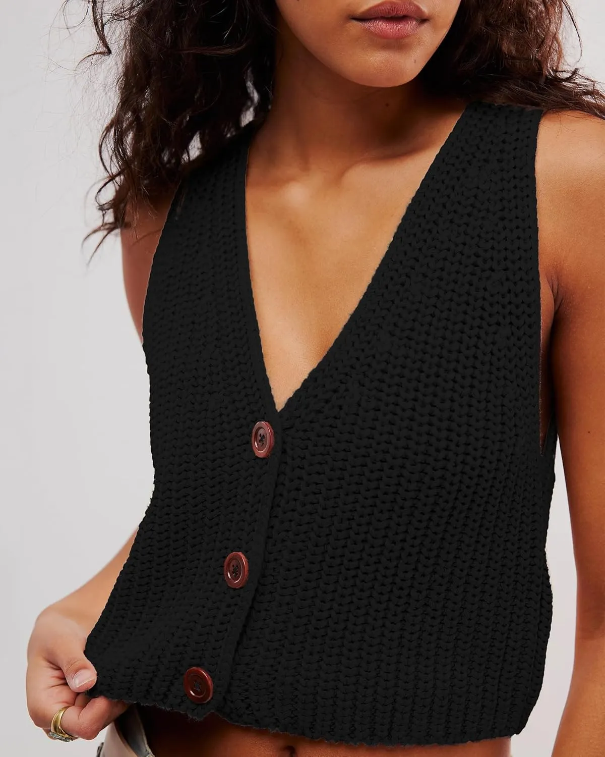 Locachy Women's Casual V Neck Knit Sweater Vest Soft Sleeveless Cropped Button Down Cardigan Tank Tops